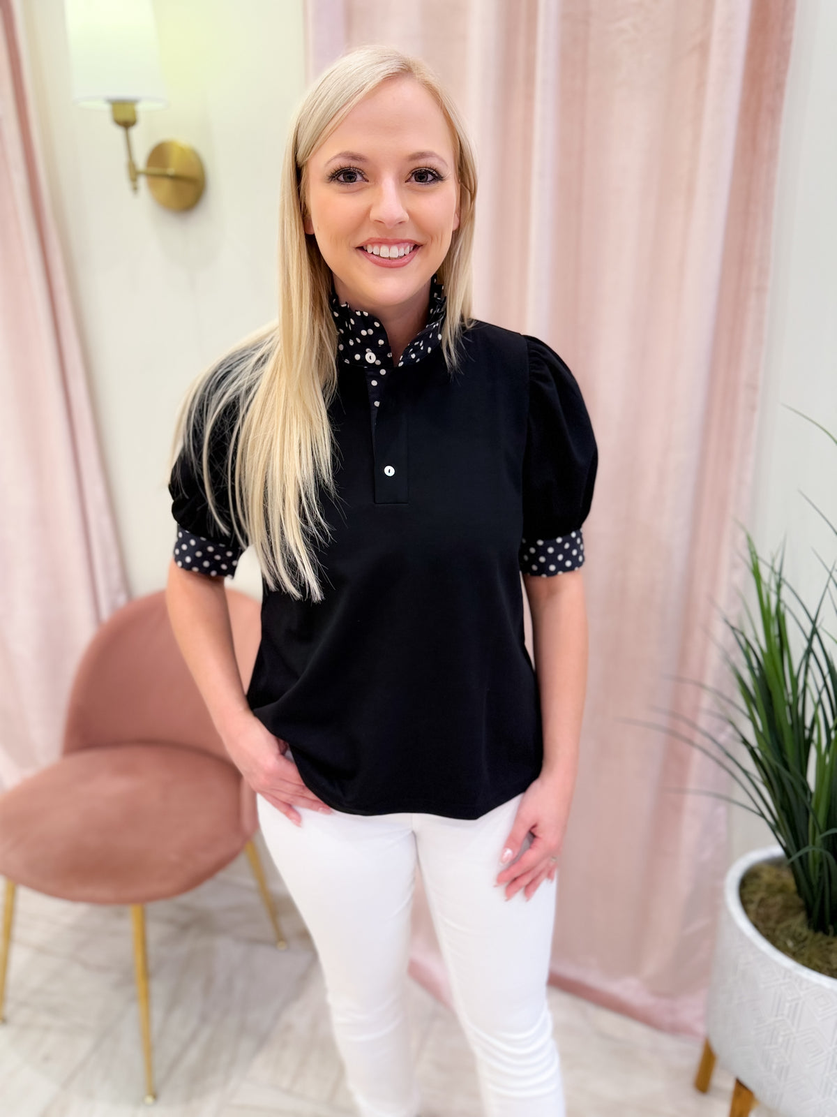 Black Puff Sleeve Top With Polka Dot Collar
