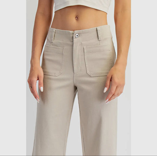 Taupe Cotton Twill Wide Leg Pant
