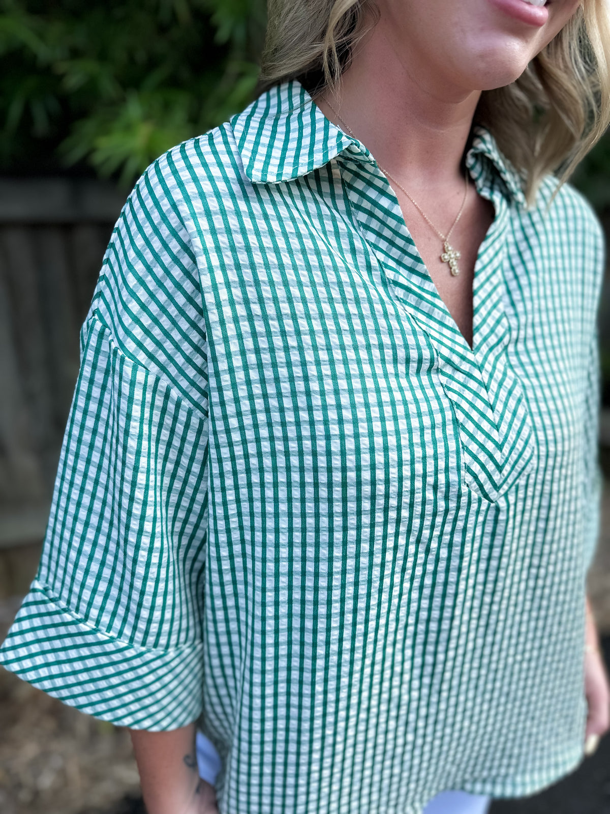Green Gingham 3/4 Sleeve Top With V-Neck Collar