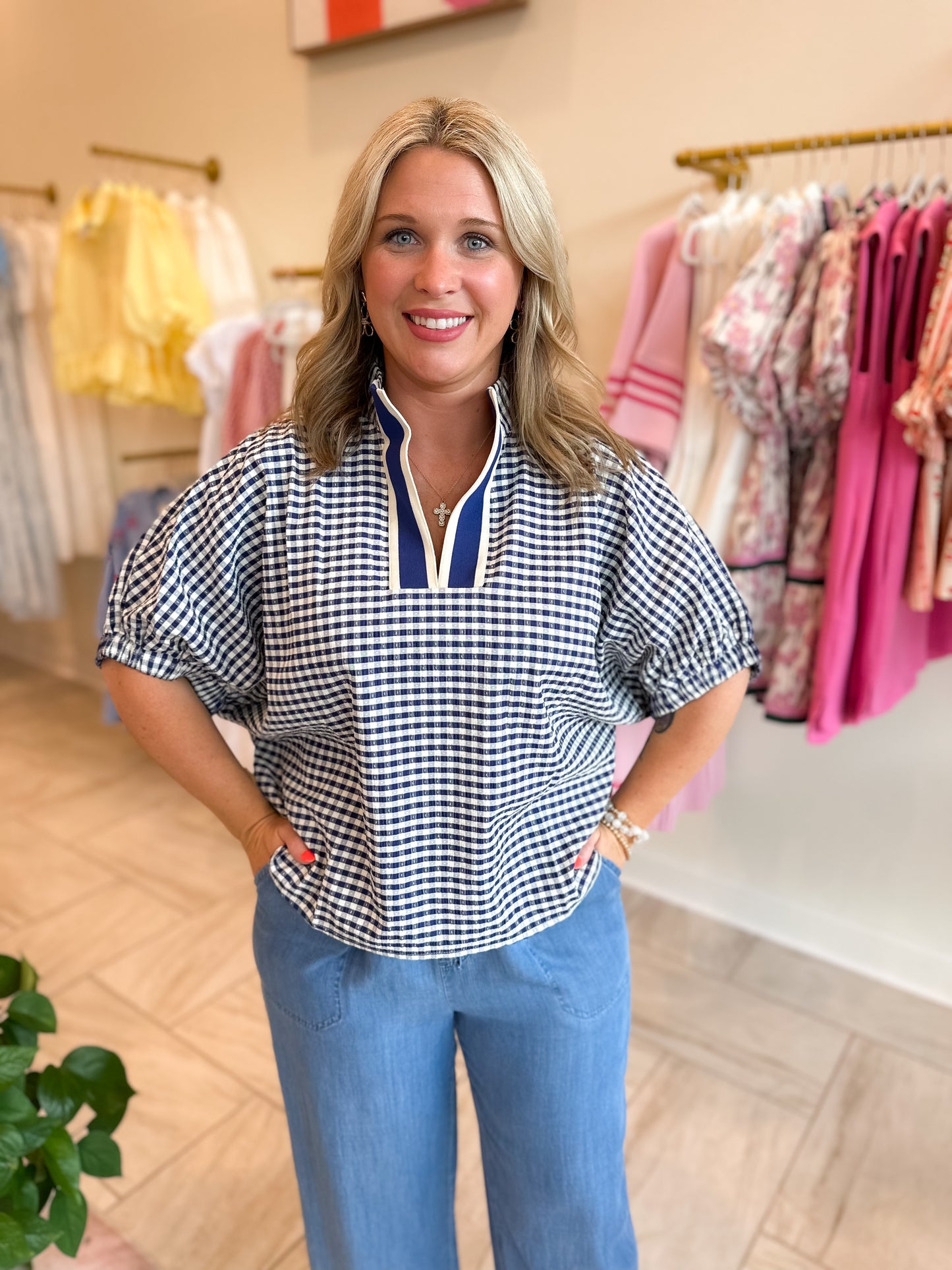 Gingham Short Dolman Sleeve Top - Navy