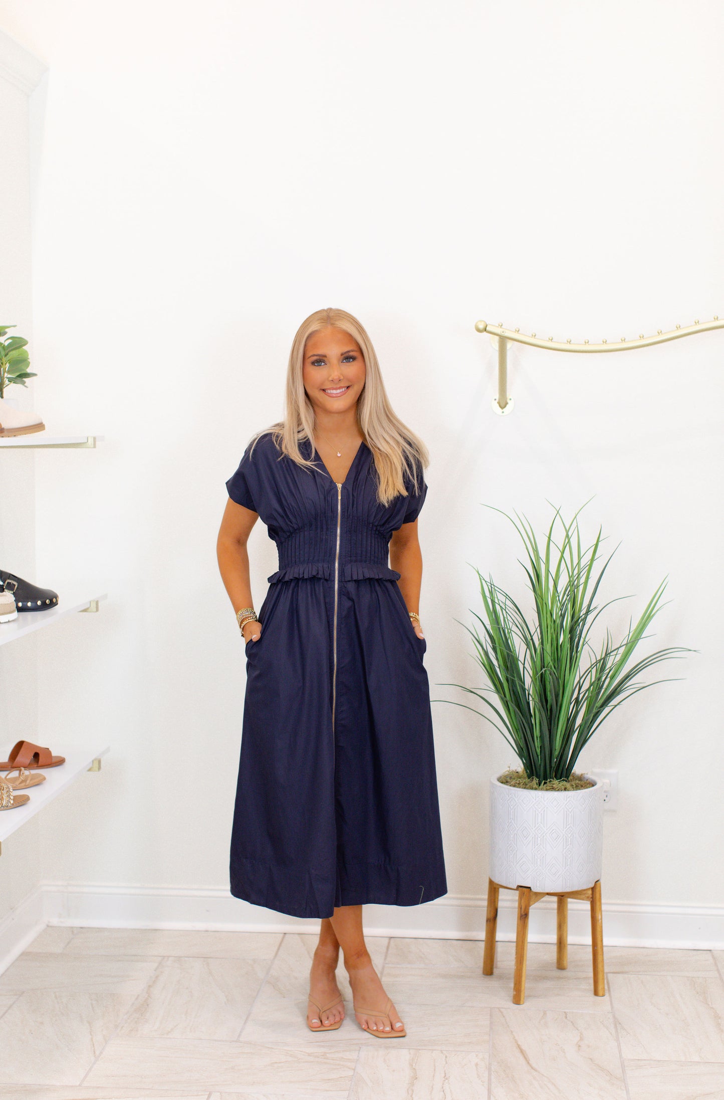 Solid Short Sleeve Midi Dress - Navy
