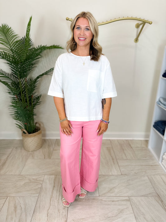 Round Neck Half Sleeve Top Featuring Chest Pocket