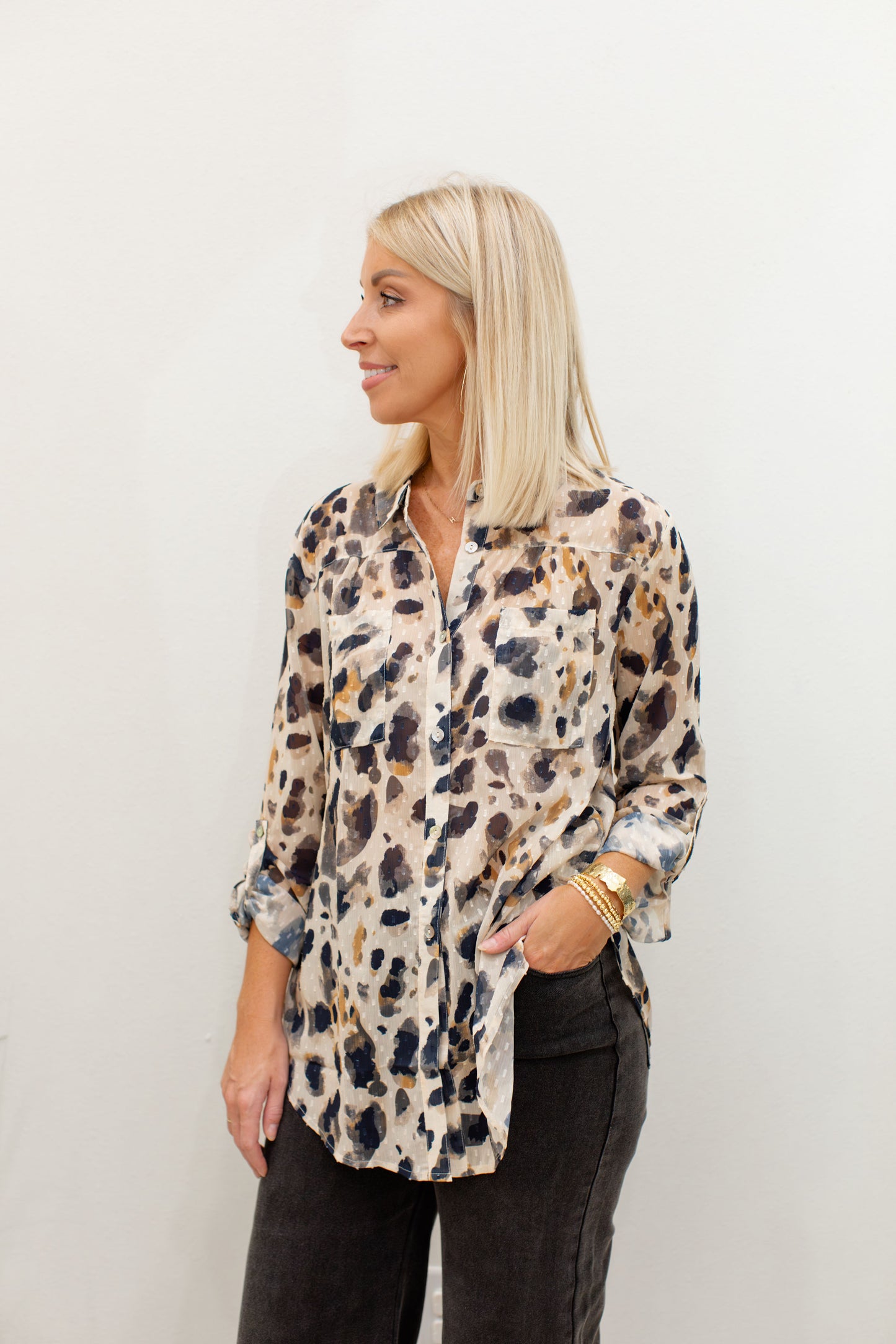 Long Sleeve Button Up Blouse With Front Tie