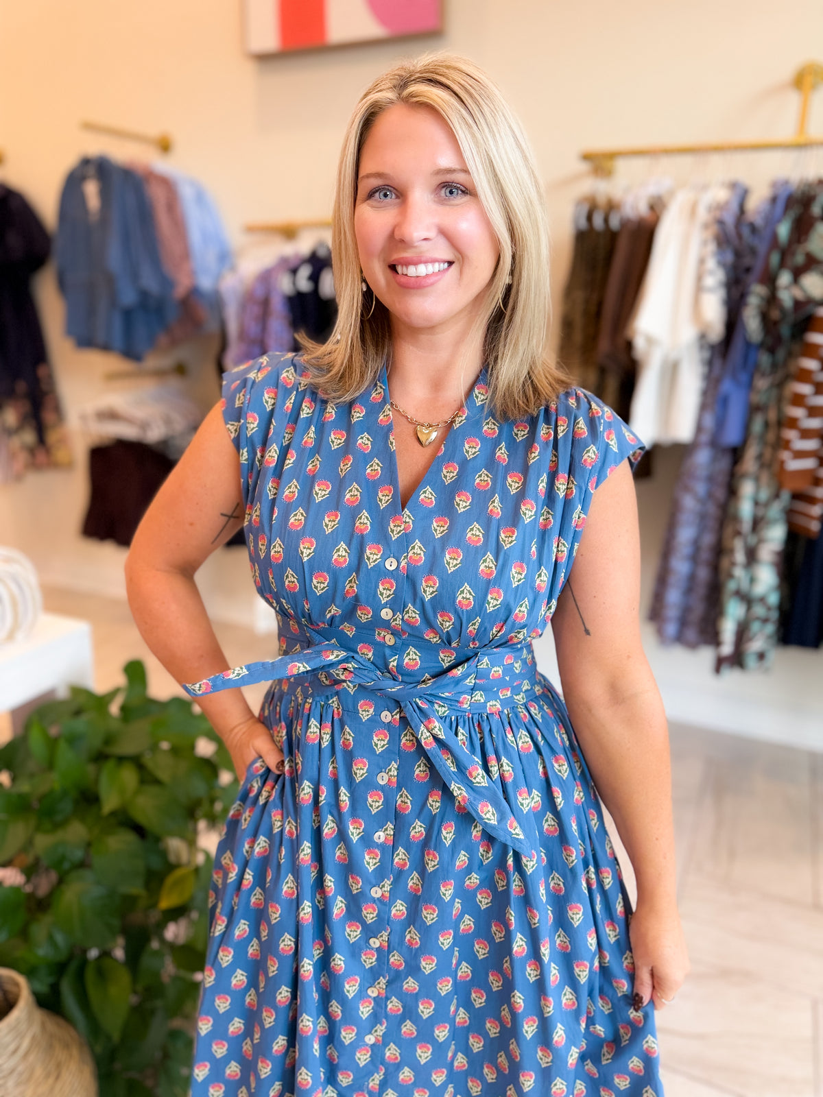 Floral Print Sleeveless Midi Dress - Blue
