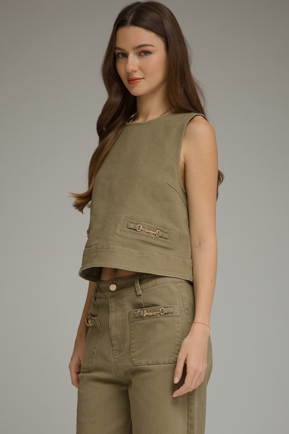 Olive Sleeveless Top And Pants Set
