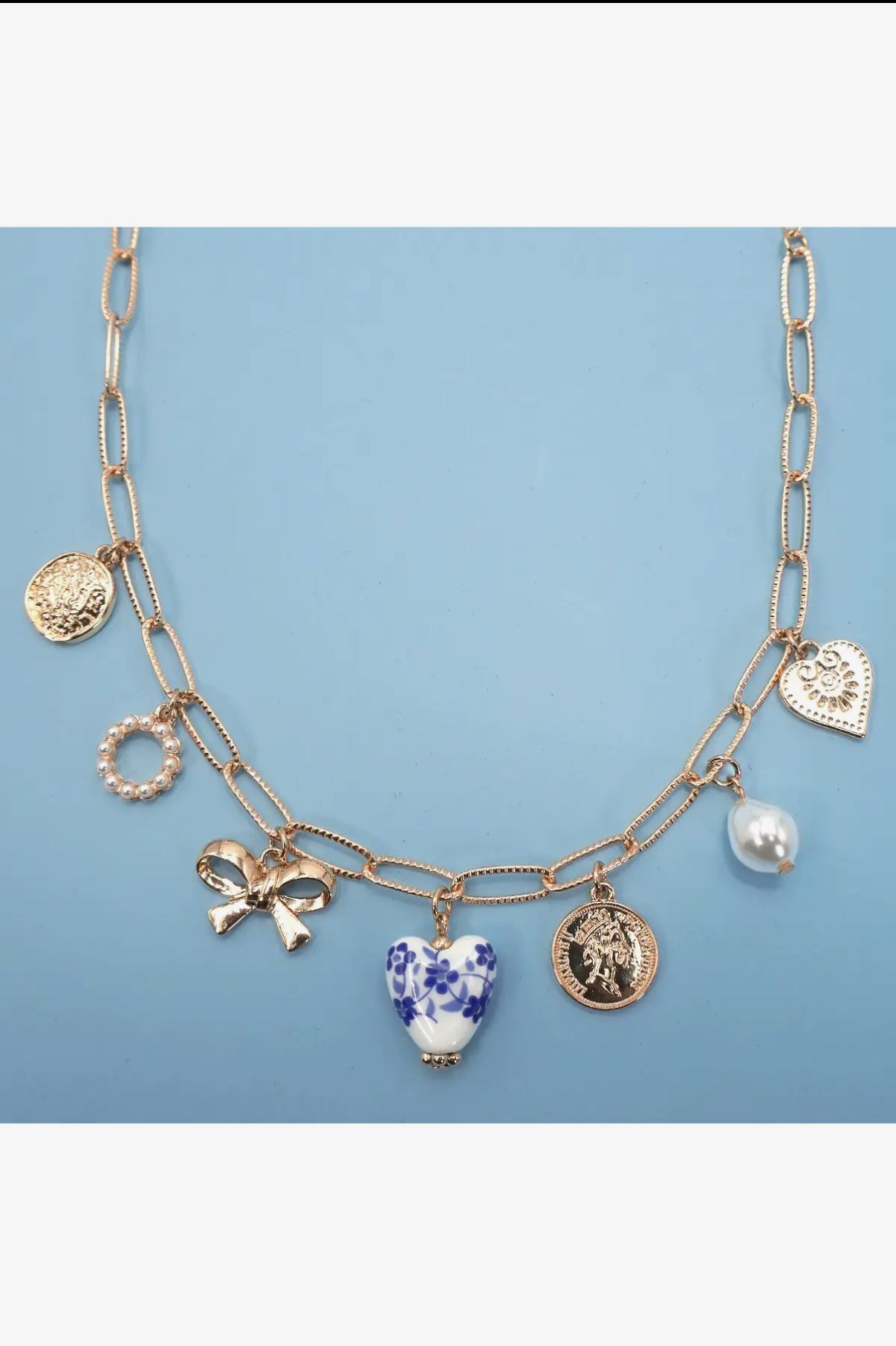 Ceramic Porcelain Bow Heart Charm Link Necklace