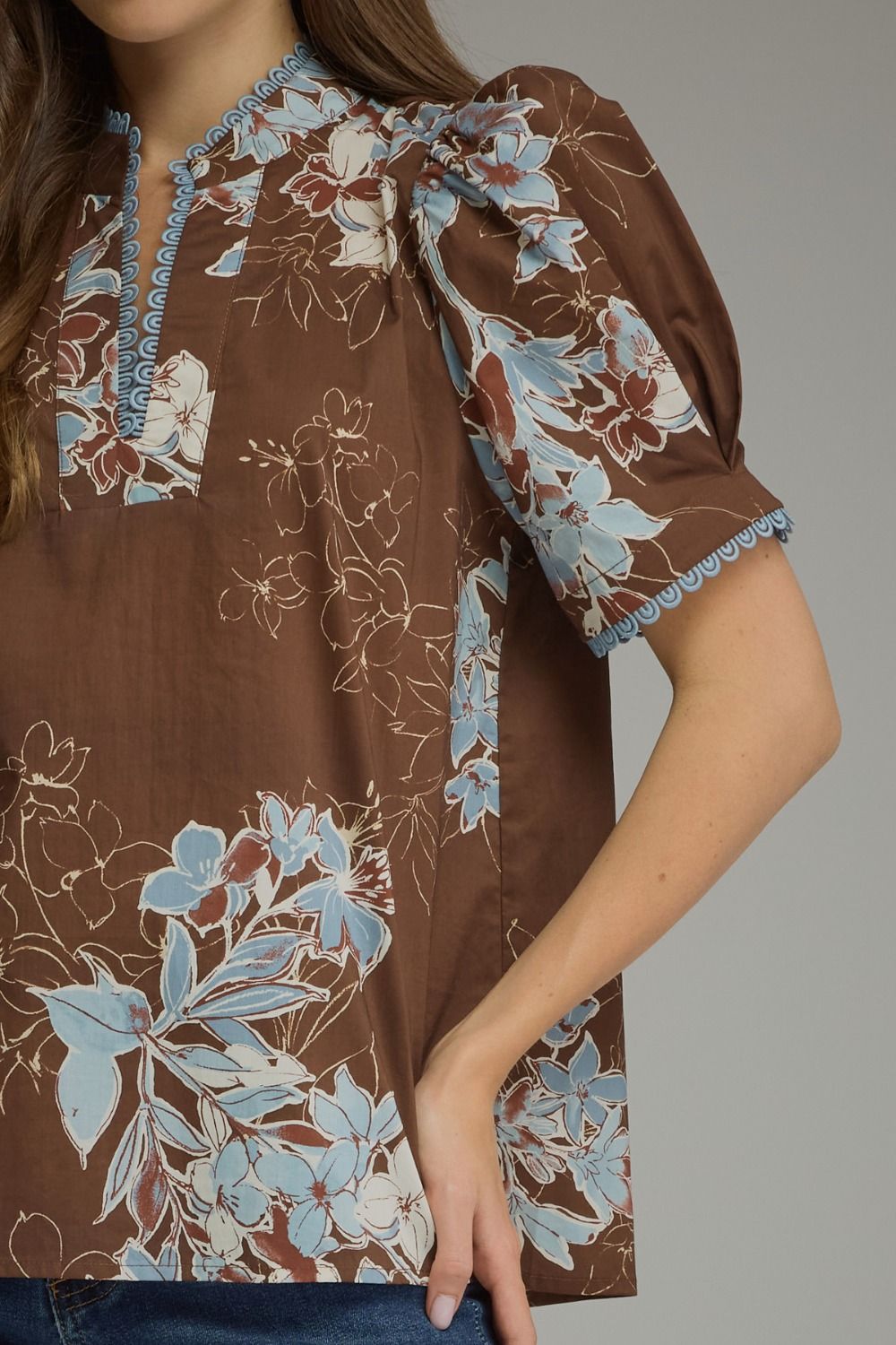 Brown Floral Print Puff Sleeve Top