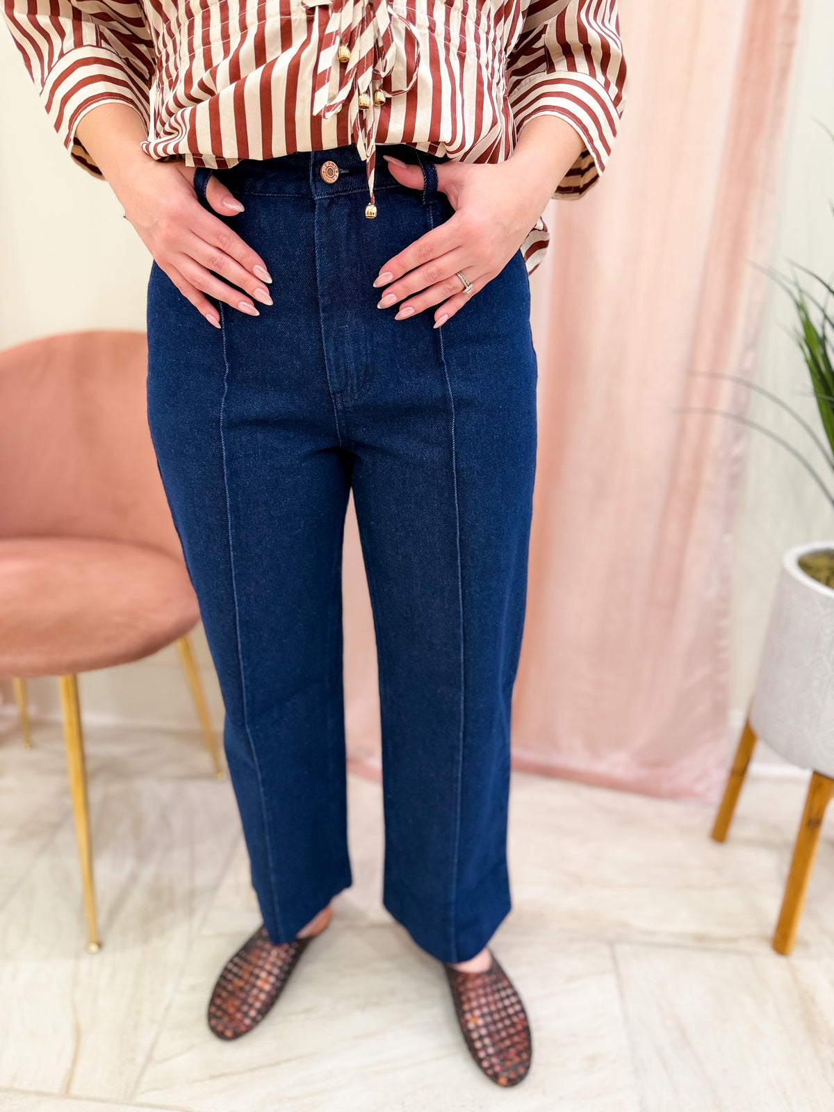 Solid Denim Pants Featuring Seam Detail