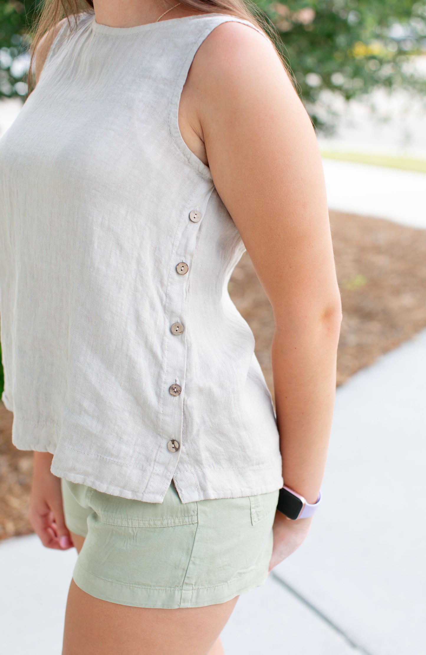 Natural Sleeveless Linen Top With Side Buttons