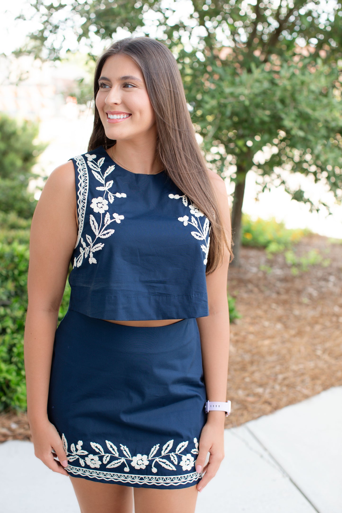 Embroidered Navy Crop Top And Mini Skirt Set