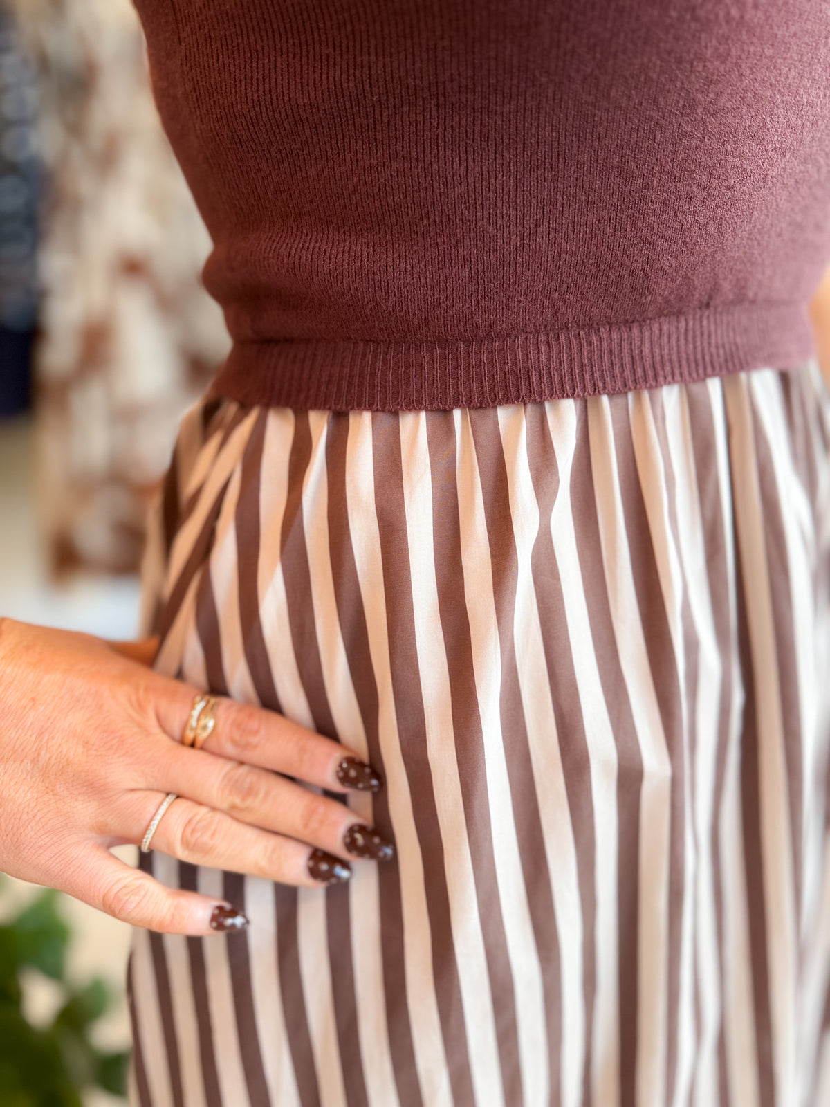 Solid Mock Neck Sleeveless Midi Dress Featuring Striped Skirt