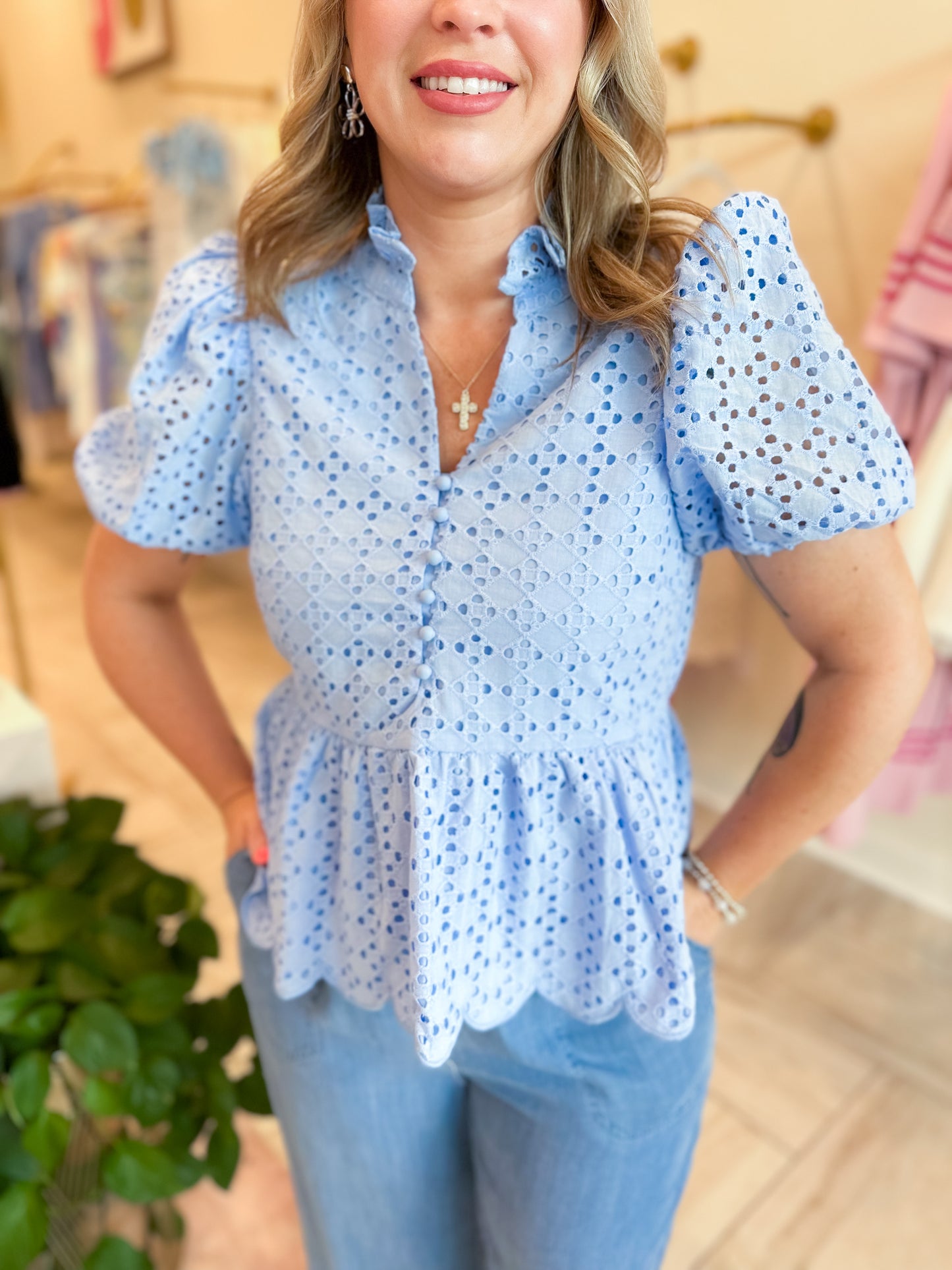 Blue Puff Sleeve Top With Eyelet Detail