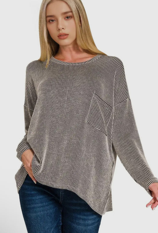 Black Ribbed Striped Oversized Long Sleeve Top