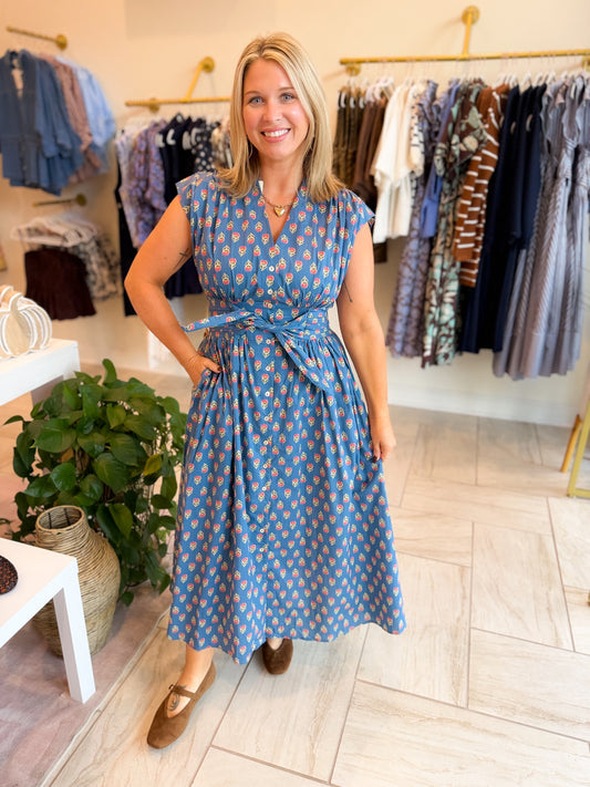 Floral Print Sleeveless Midi Dress - Blue