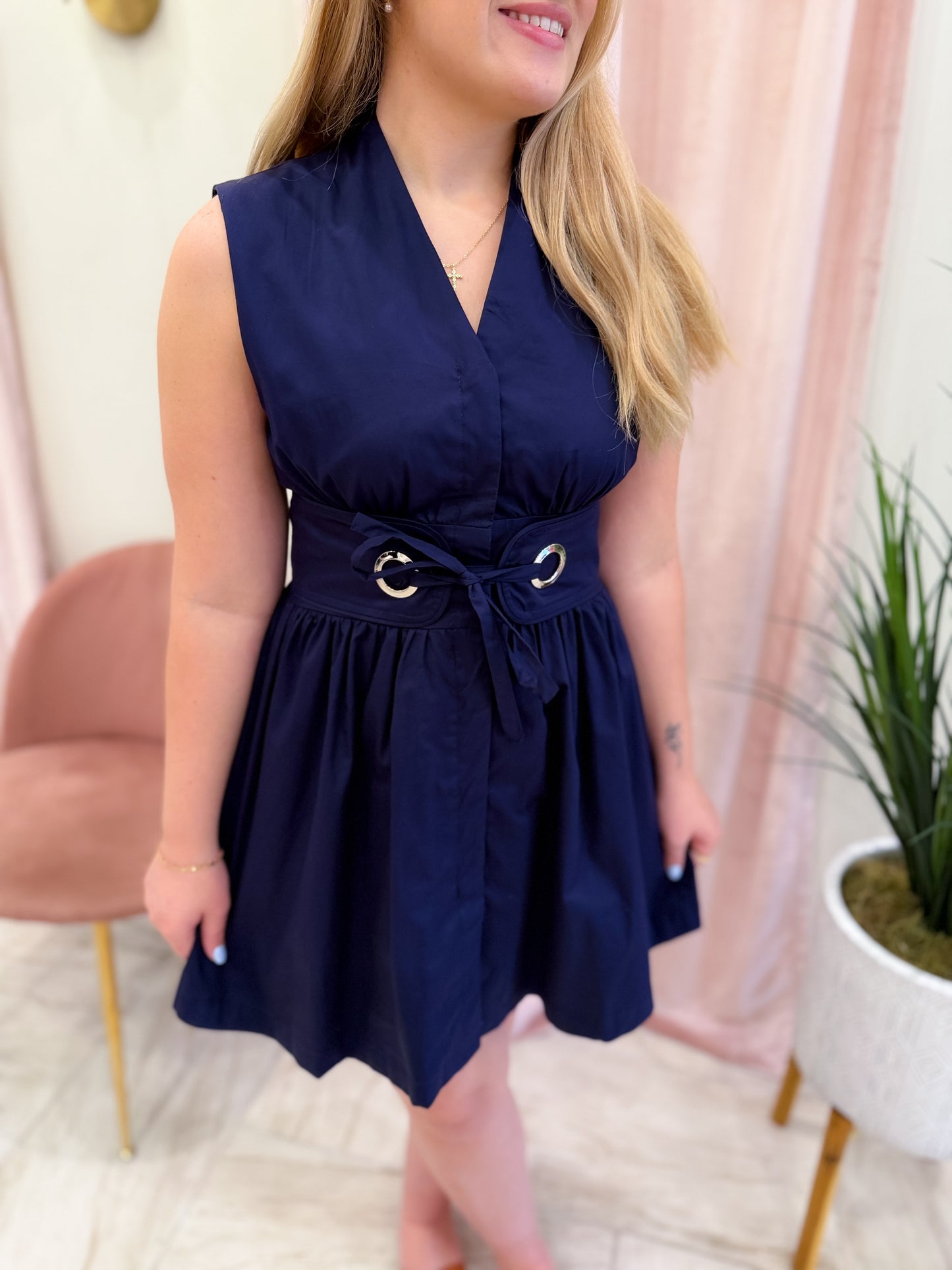 Navy Sleeveless Belt Mini Dress
