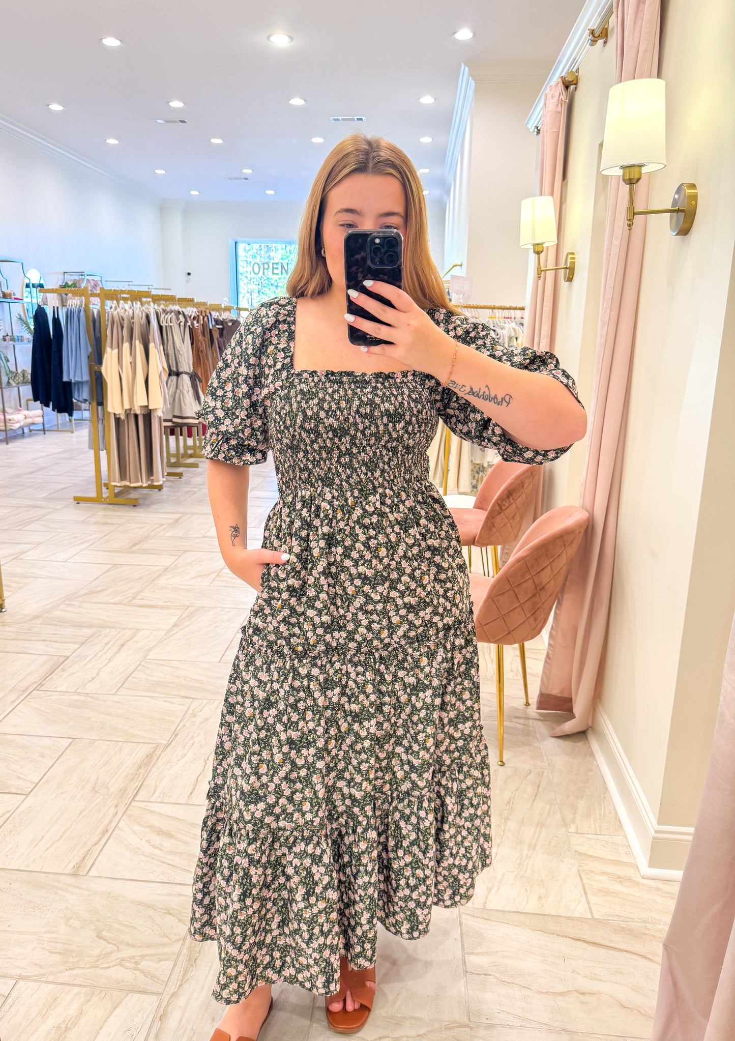 Floral Smocked Midi Dress With Tiered Ruffles