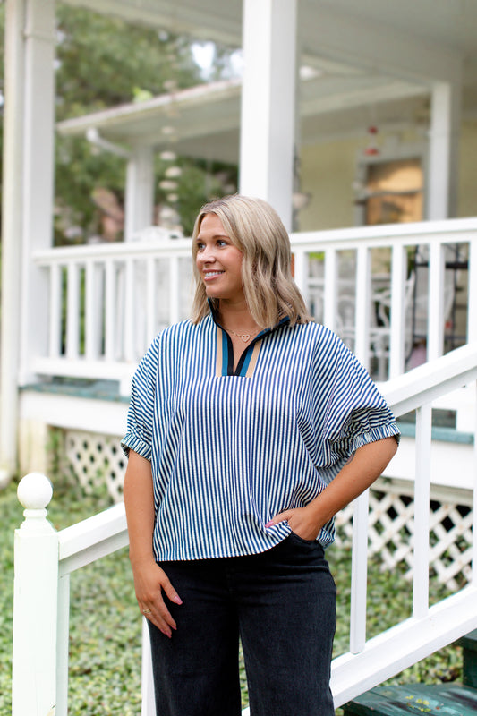 Collard Navy And White Striped V-Neck Blouse
