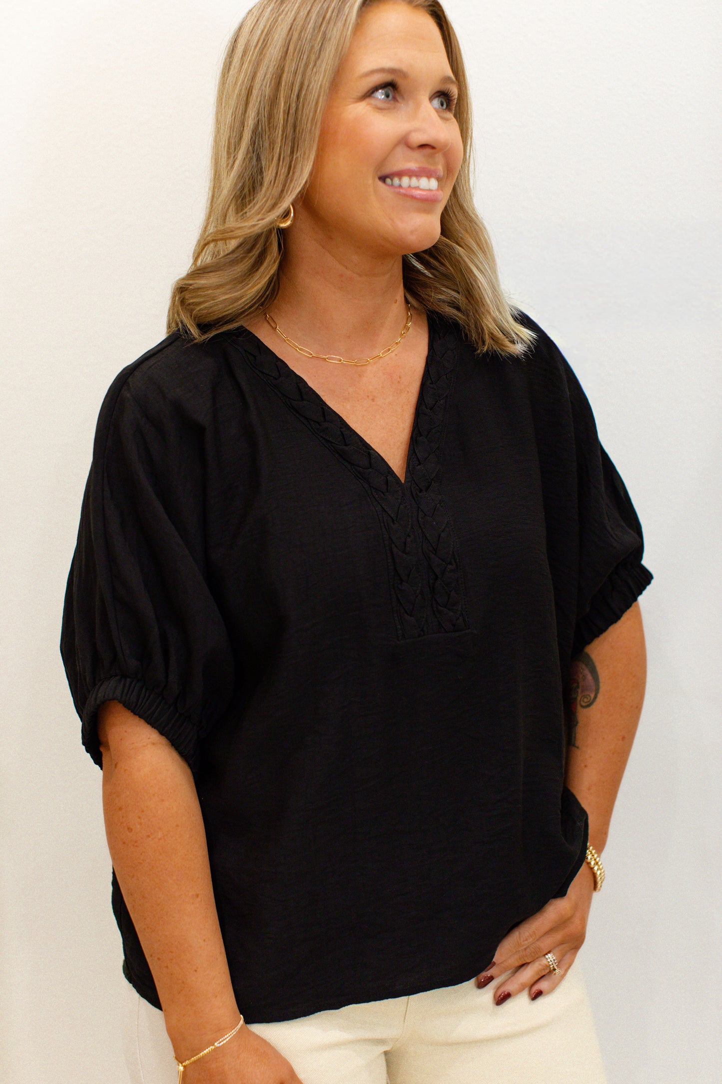 Black Braided V-Neck Top