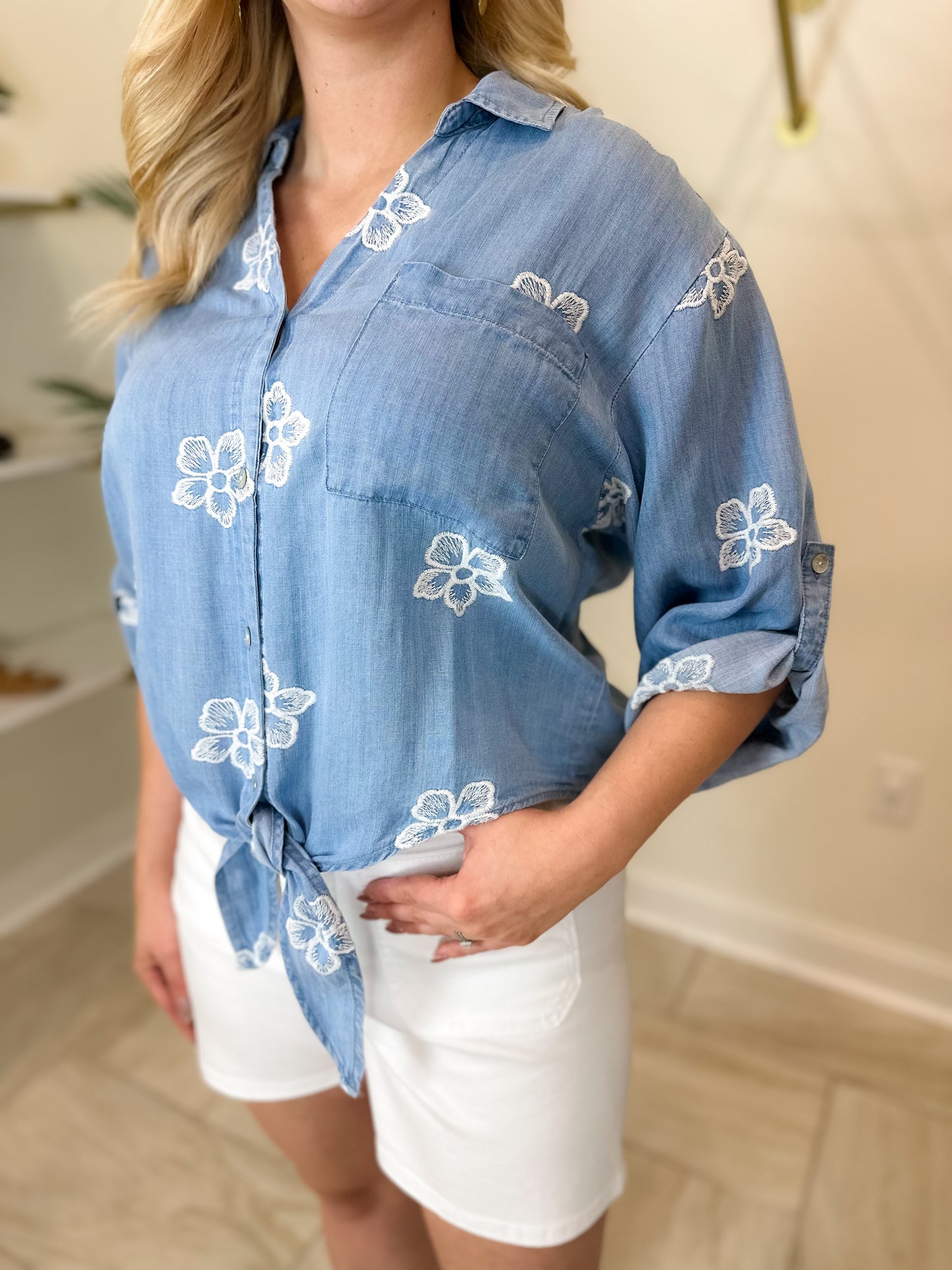 3/4 Rolled Up Sleeves Blouse With Floral Embroidery And Front Tie