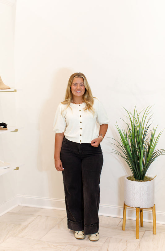 Puff Short Sleeve Button Down Knit Cardigan