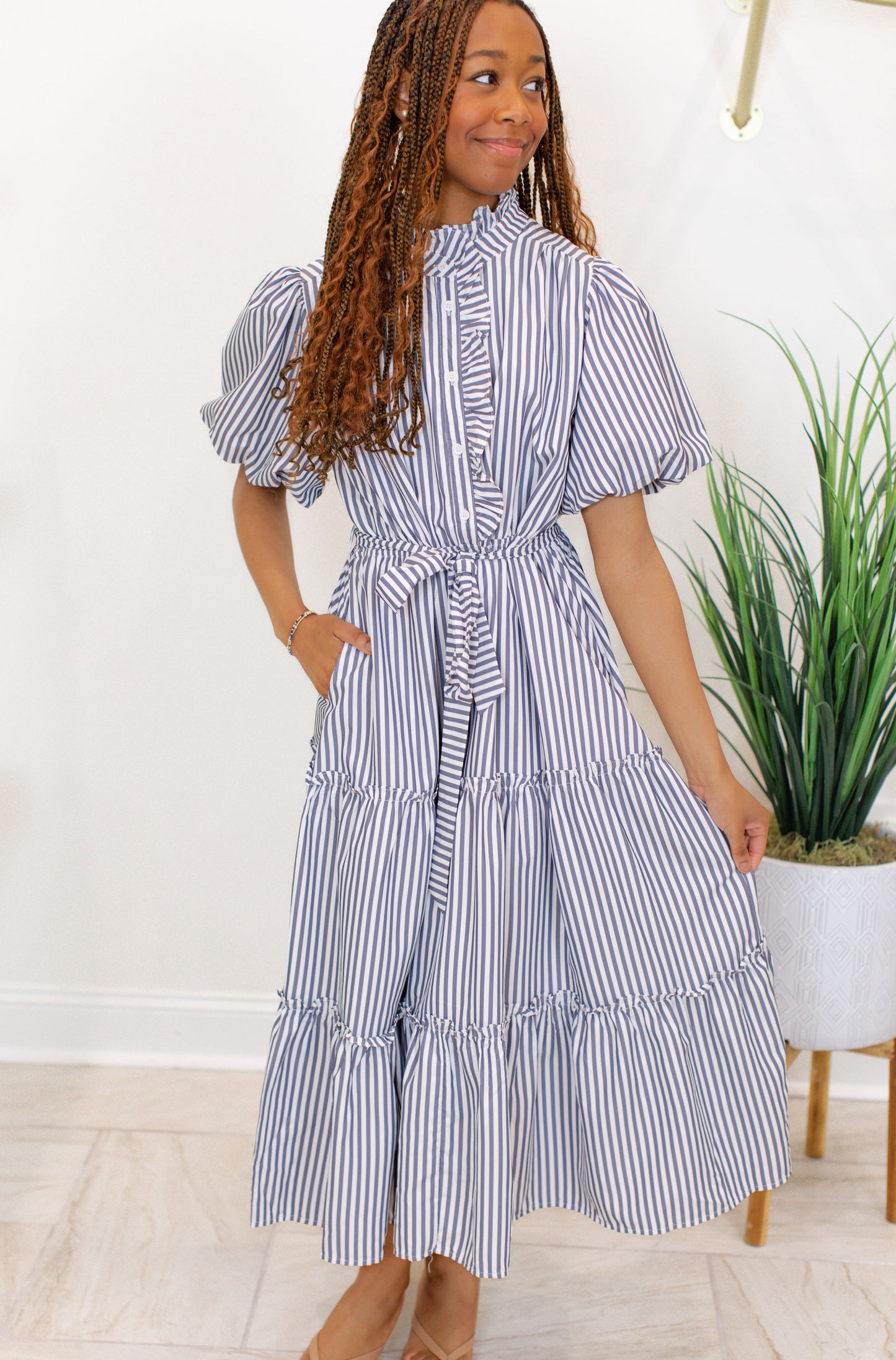 Navy Striped Ruffled Button Down Midi Dress