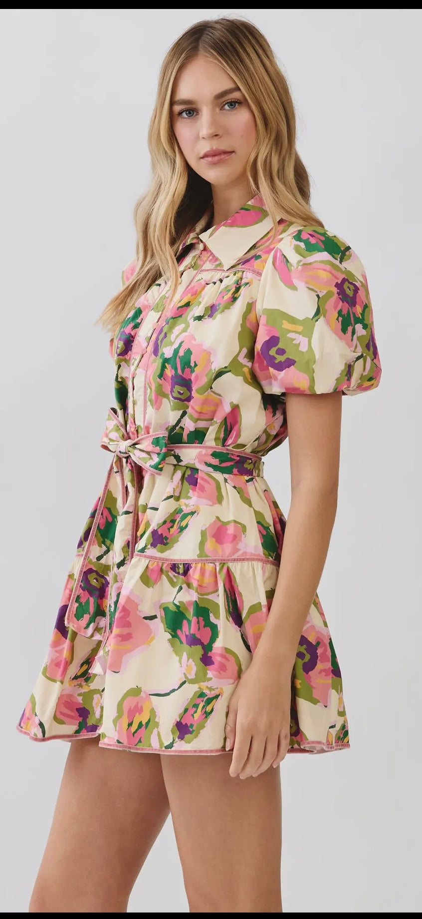Floral Print Puff Sleeve Belted Dress