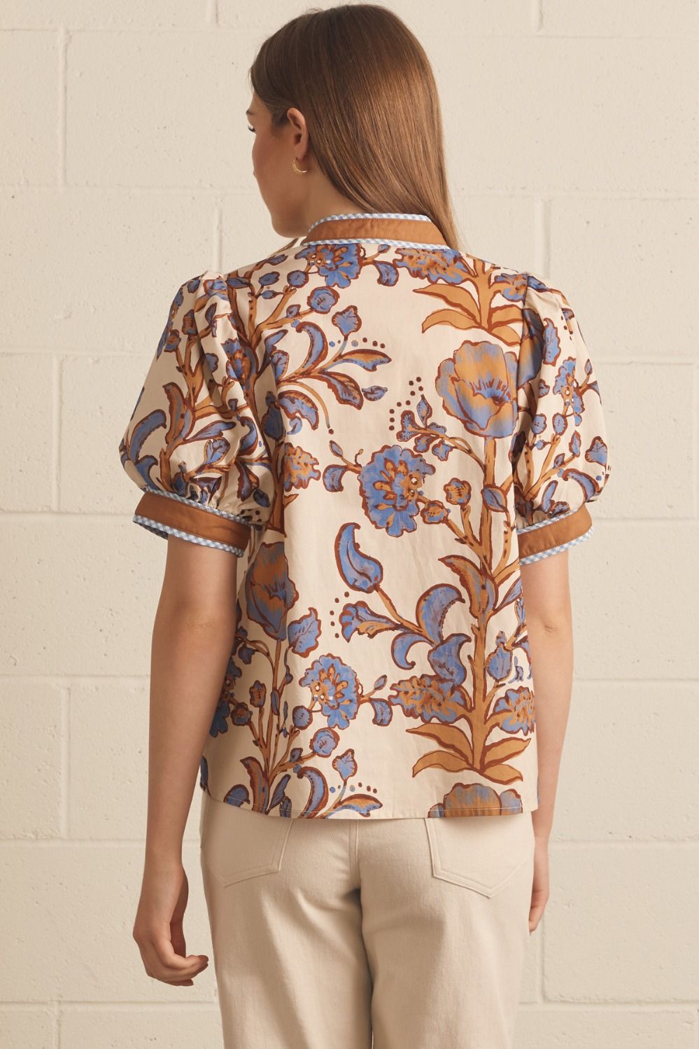 Cream Floral Print Short Puff Sleeve Top