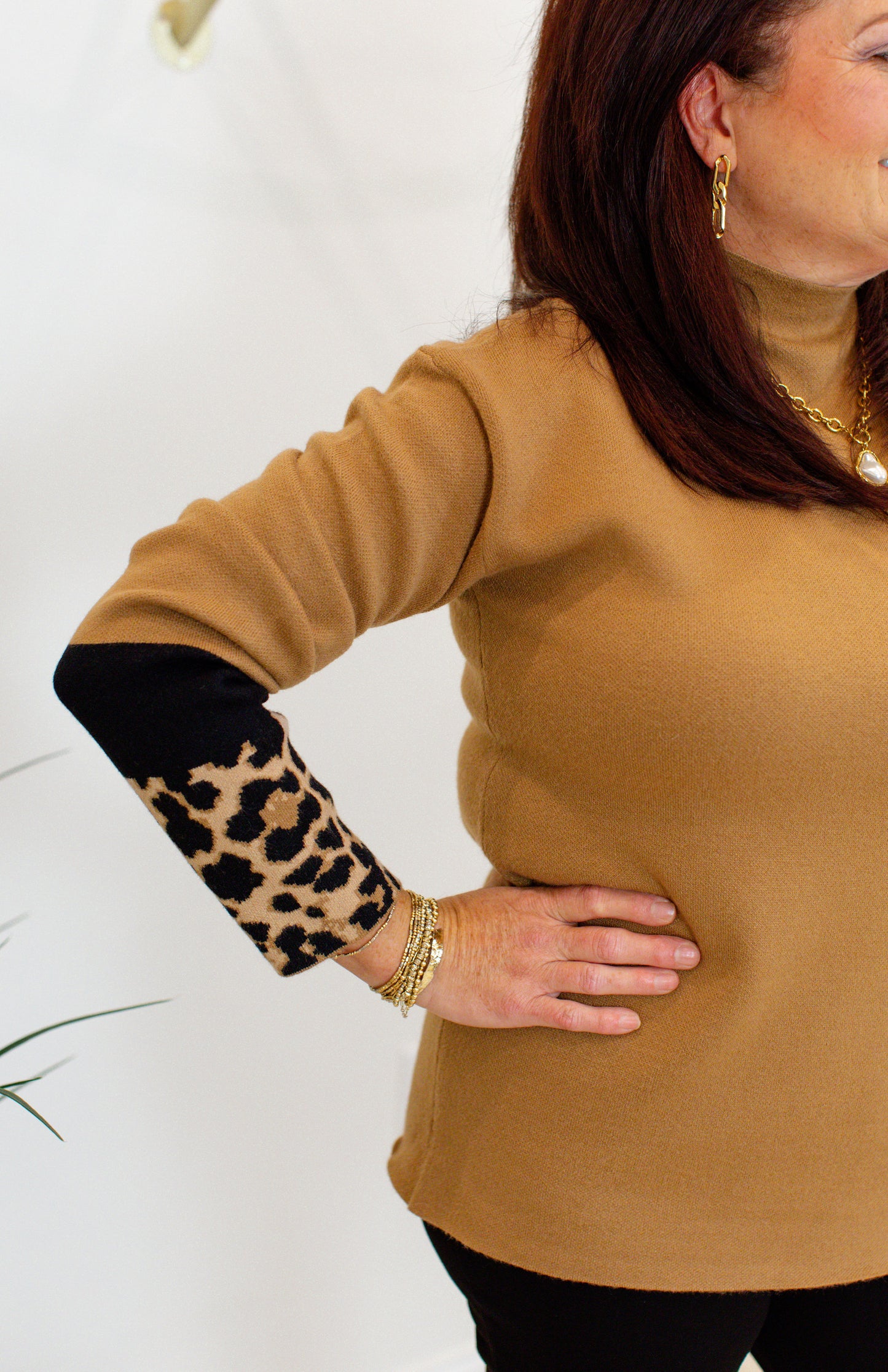 Truffle Mock Neck Sweater With Animal Print Sleeve Details