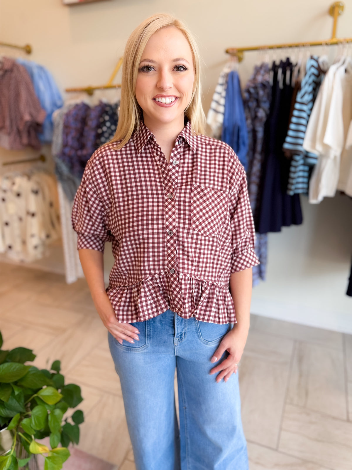 Gingham Collared Elbow Sleeve Top With Peplum Hem