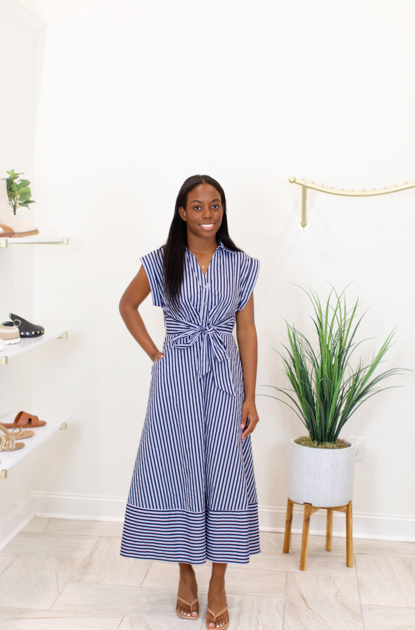 Striped Cap Sleeve Midi Dress - Blue