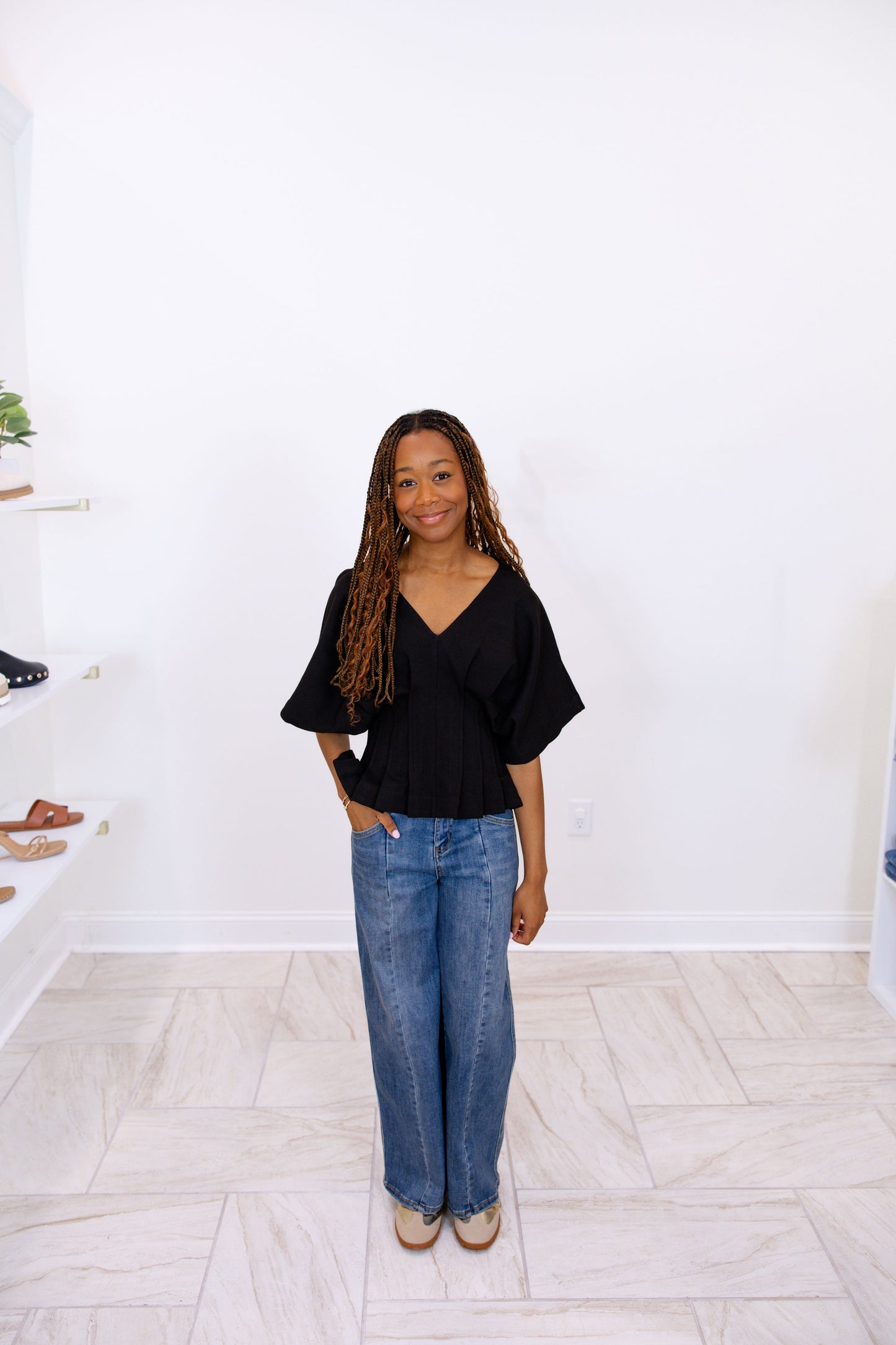 Short Dolman Sleeve Top Featuring V-Neck - Black
