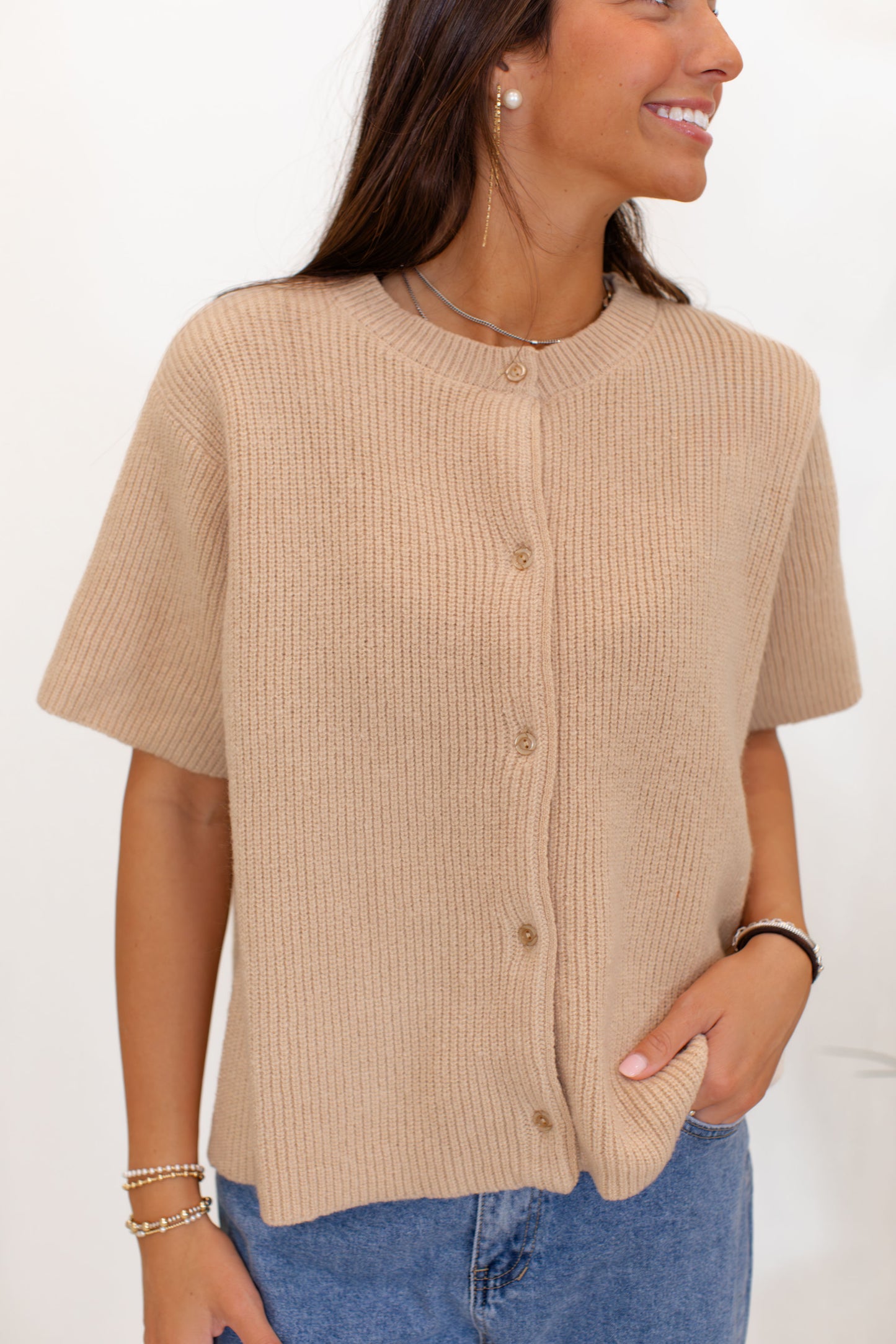 Round Neck Short Sleeve Cardigan