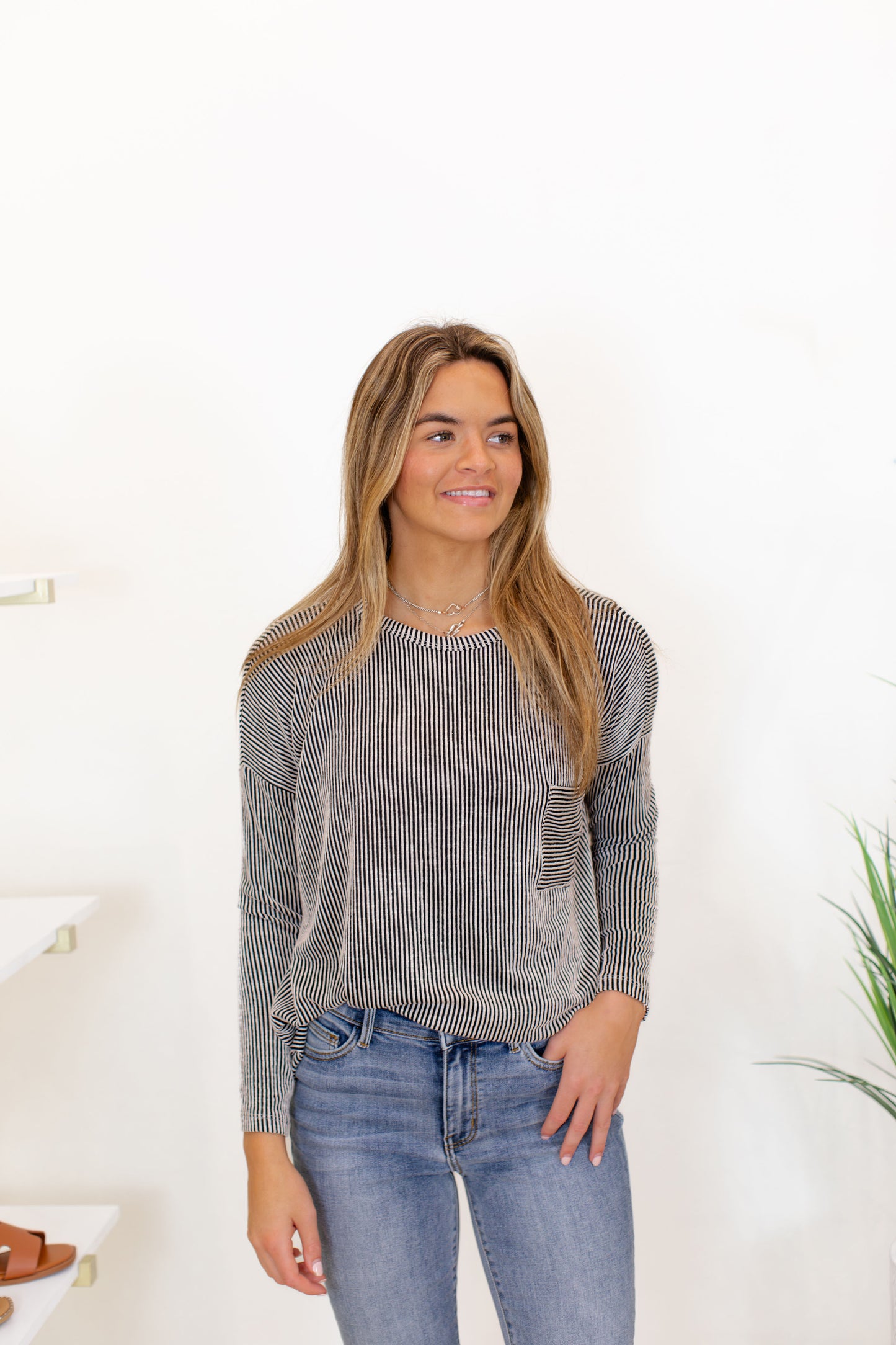 Black Ribbed Striped Oversized Long Sleeve Top