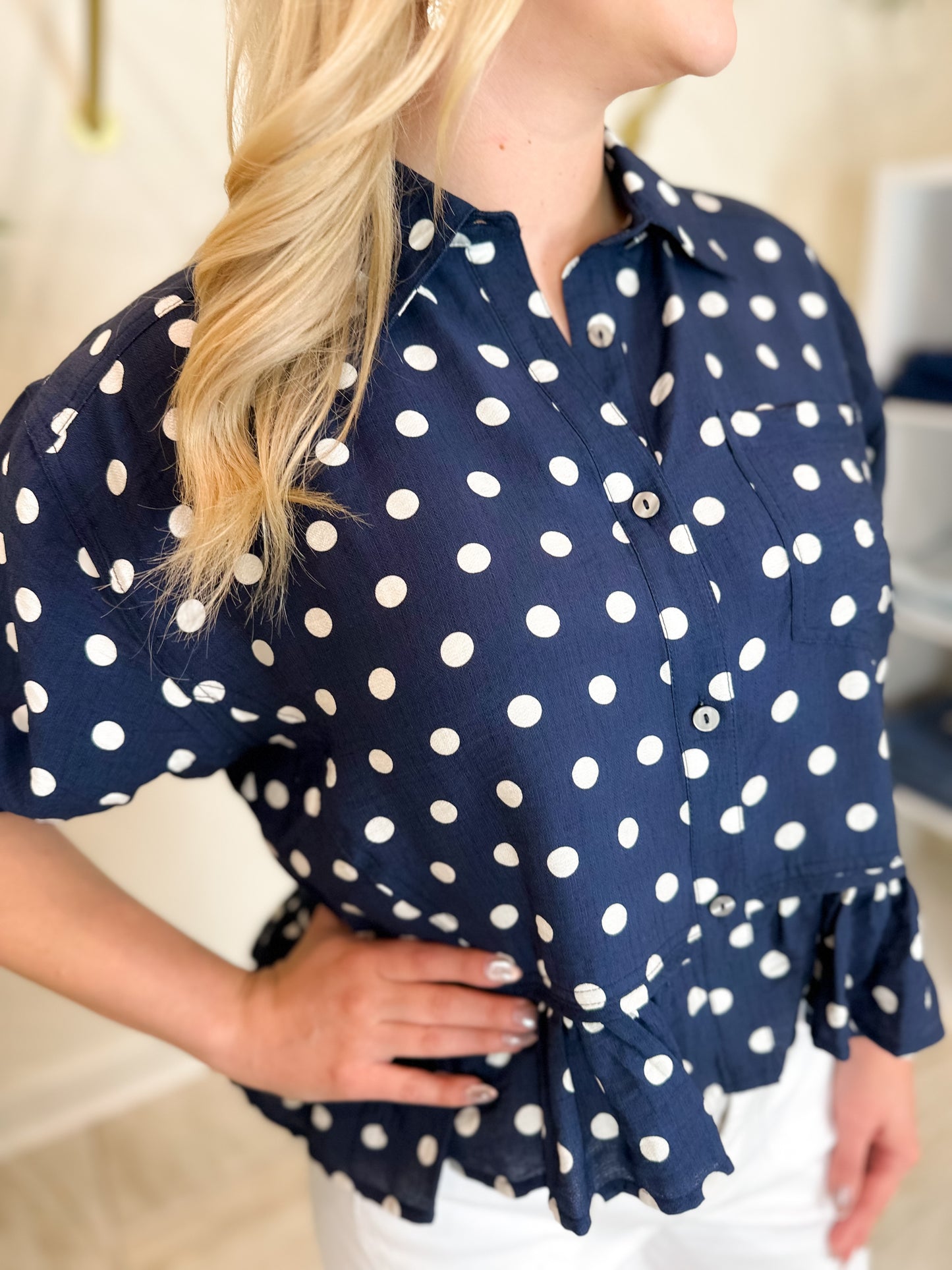 Polka Dot Short Sleeve Waist-Length Top Featuring Ruffle Hem