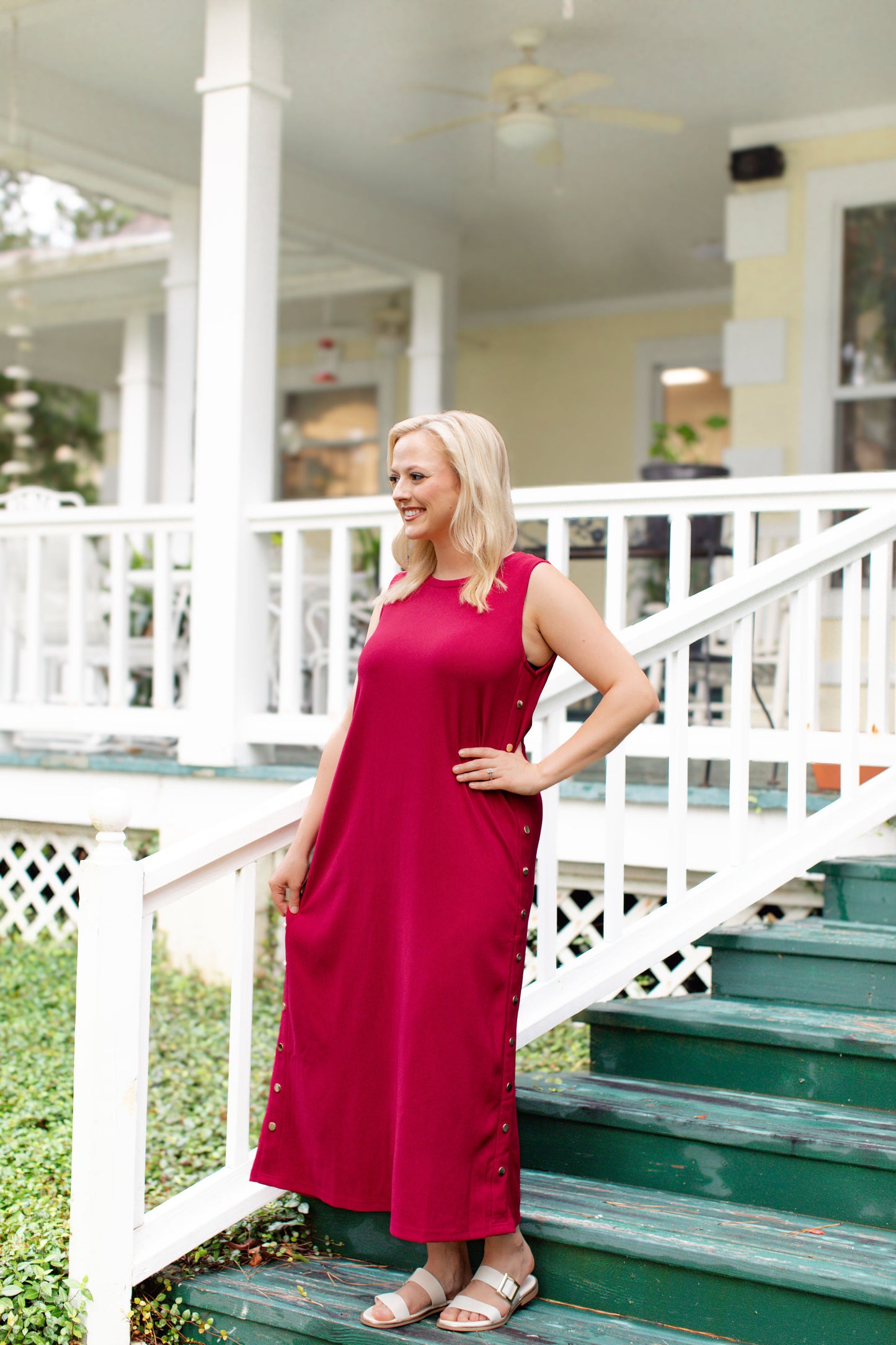 Cherry Maxi Dress With Faux Gold Buttons