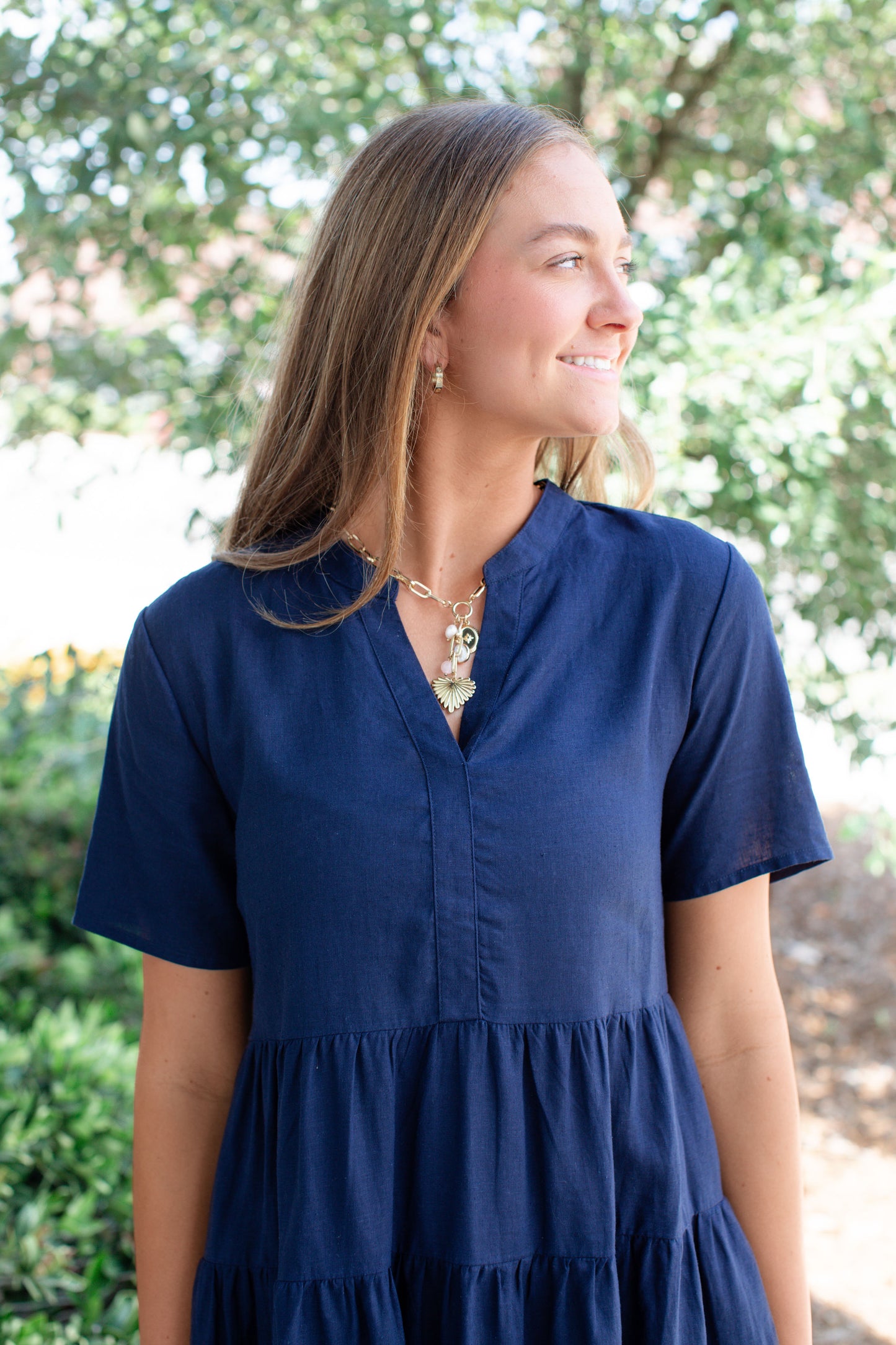Tiered Linen Dress-Navy
