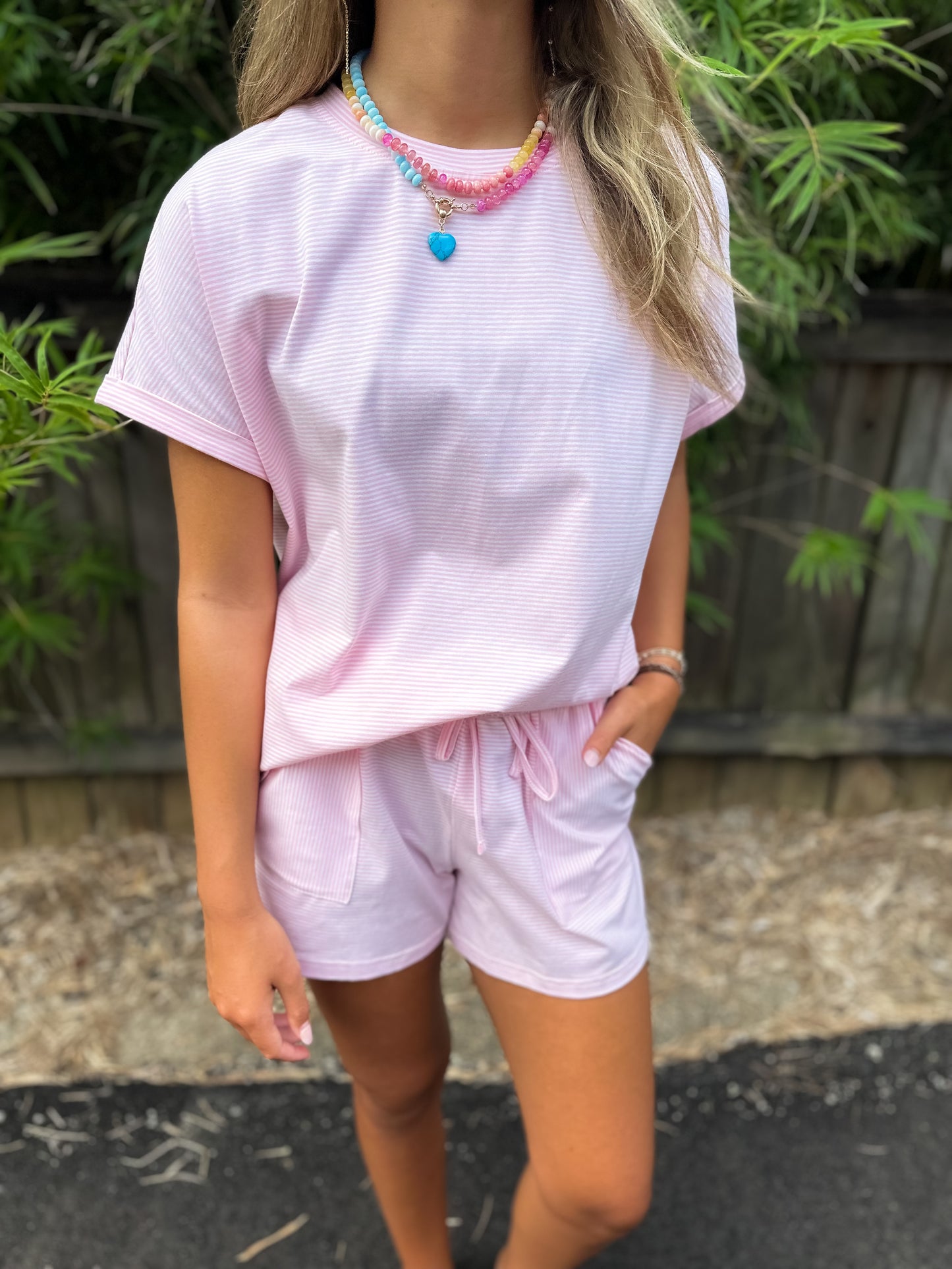 Pink Striped Shorts Set