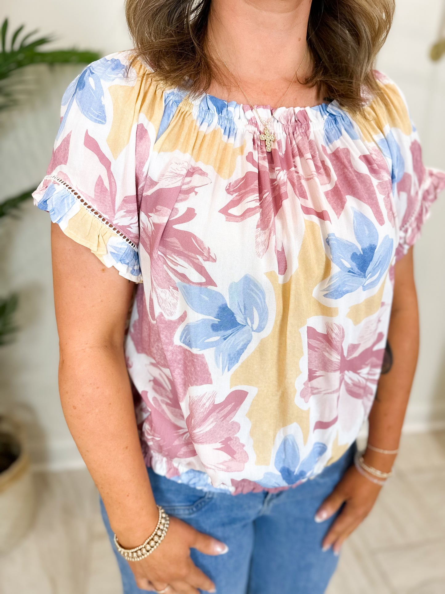 Printed Floral Short Sleeve Off Shoulder Blouse