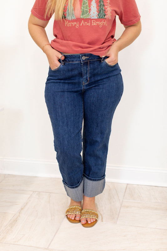 Wide Cuff Straight Leg Stretch Denim Pants