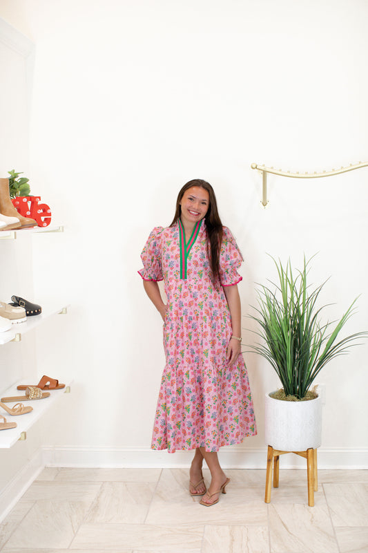 Floral Print Puff Sleeve Midi Dress