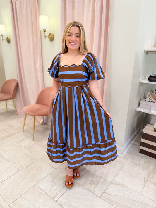 Blue And Brown Striped Maxi Dress