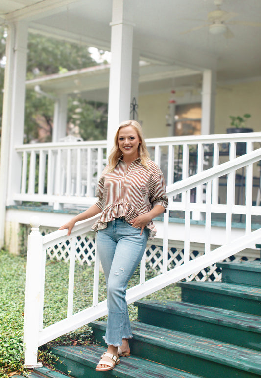 Brown Stripe Collard Ruffle Hem Top