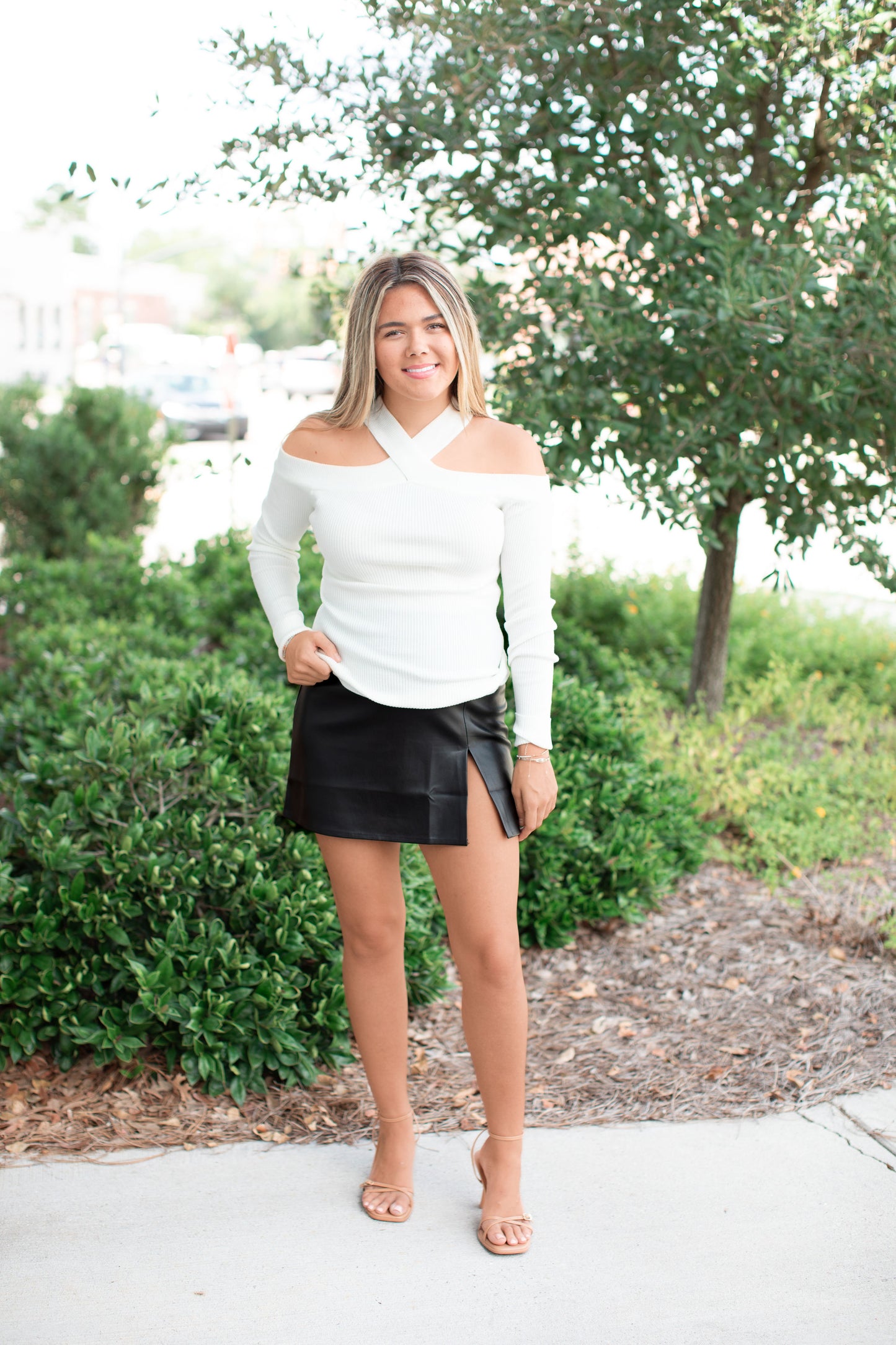 Ribbed Knit Halter Off the Shoulder Top-Off White