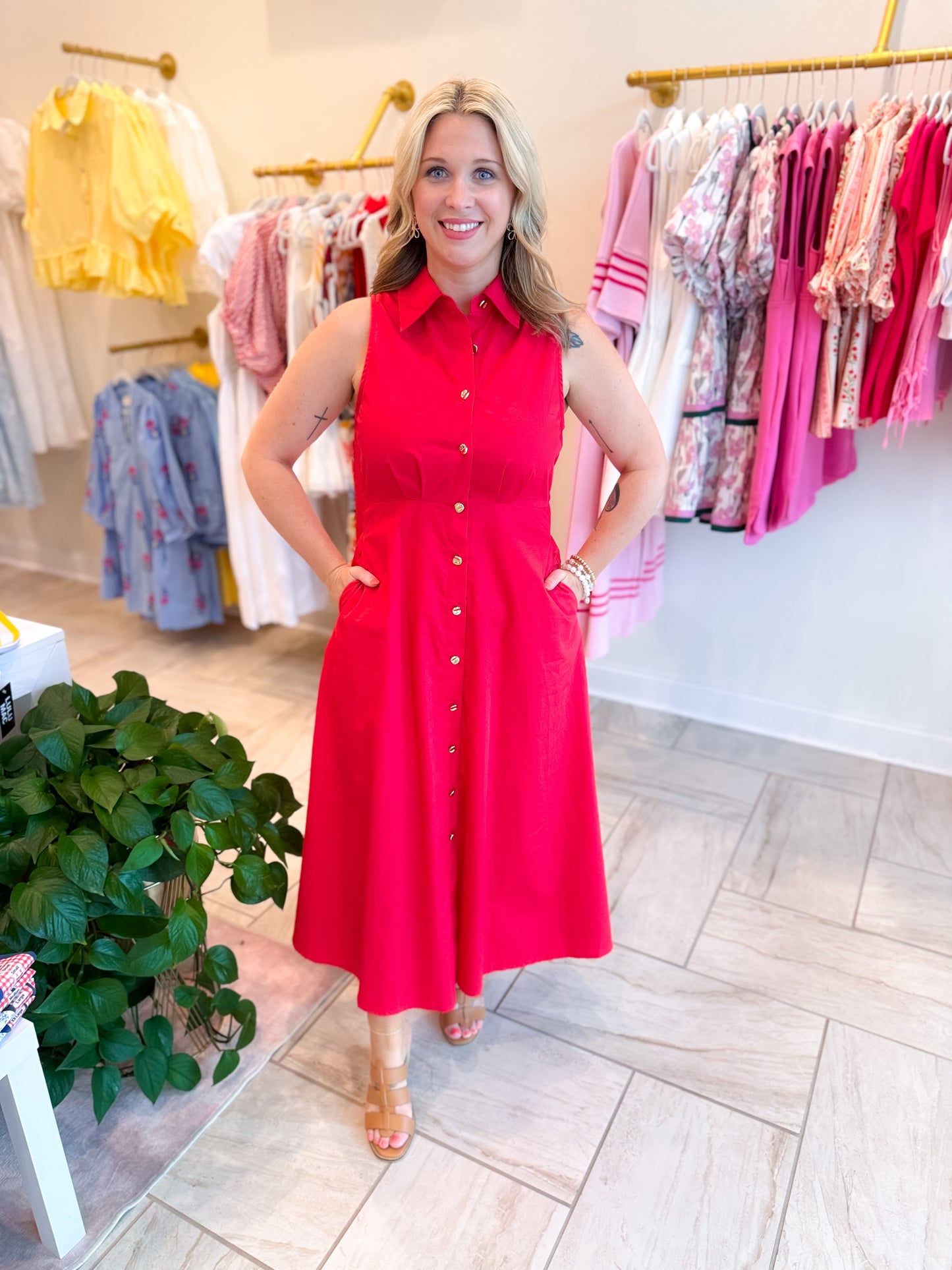 Sleeveless Midi Dress - Red
