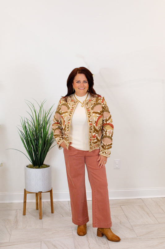 Embroidered Cotton Blend Basketweave Jacket