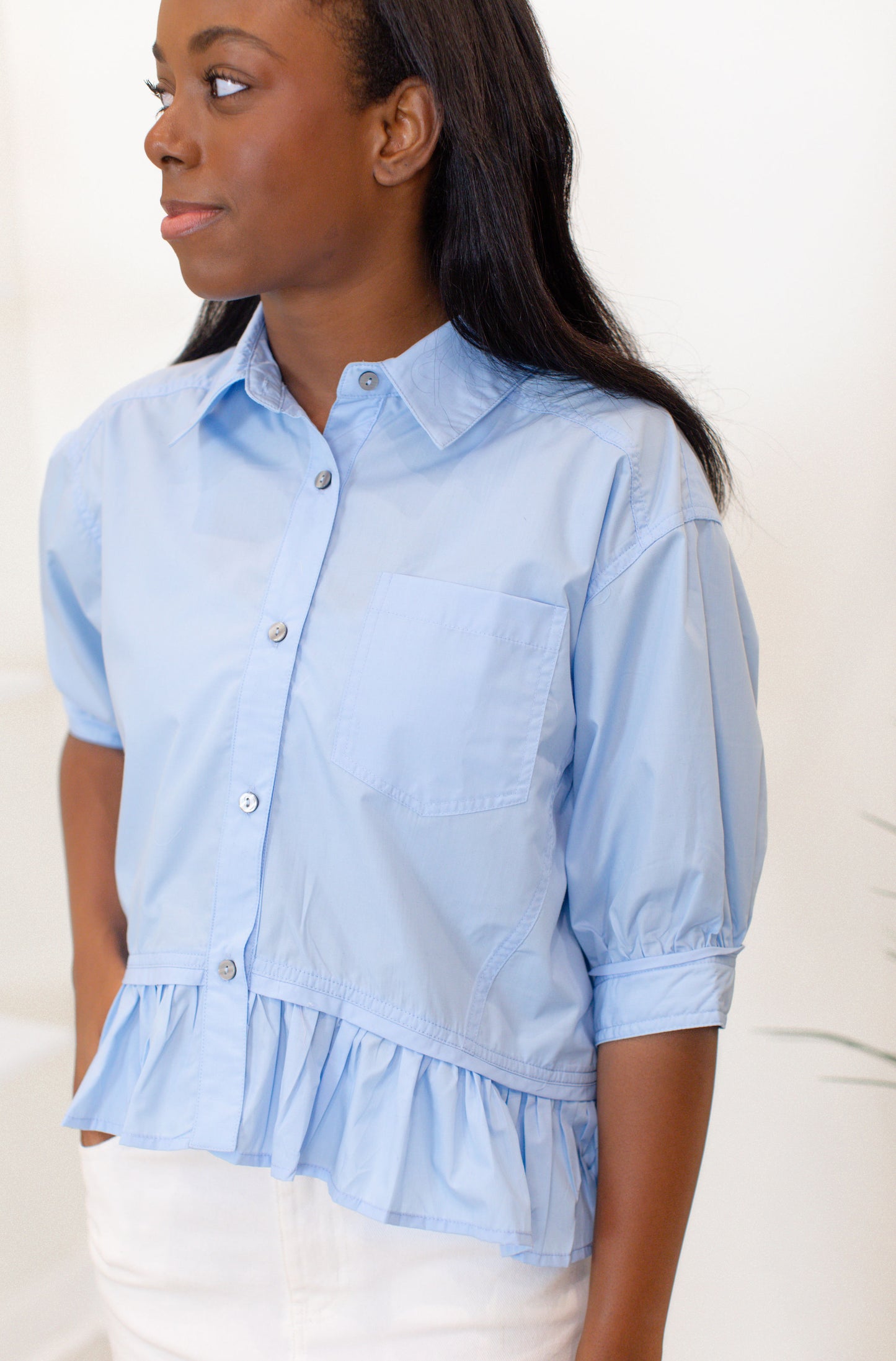 Solid Short Sleeve Button-Down Top Featuring Ruffle Hem - Light Blue