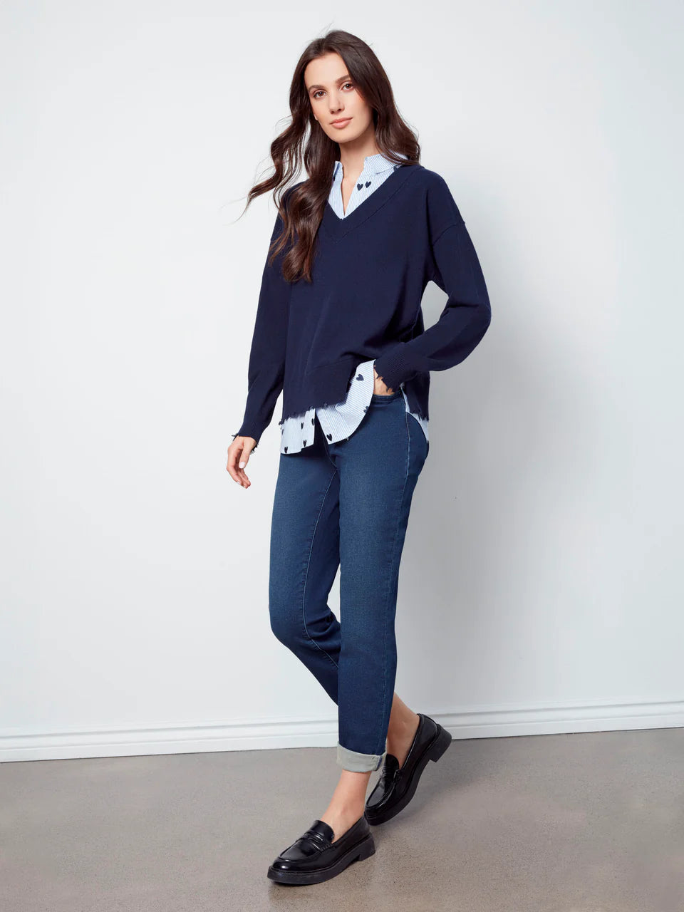 V-Neck Fooler Sweater w/Embroidered Heart Poplin