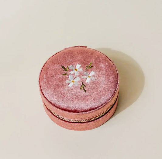 Round Velvet Jewelry Case Floral Rose
