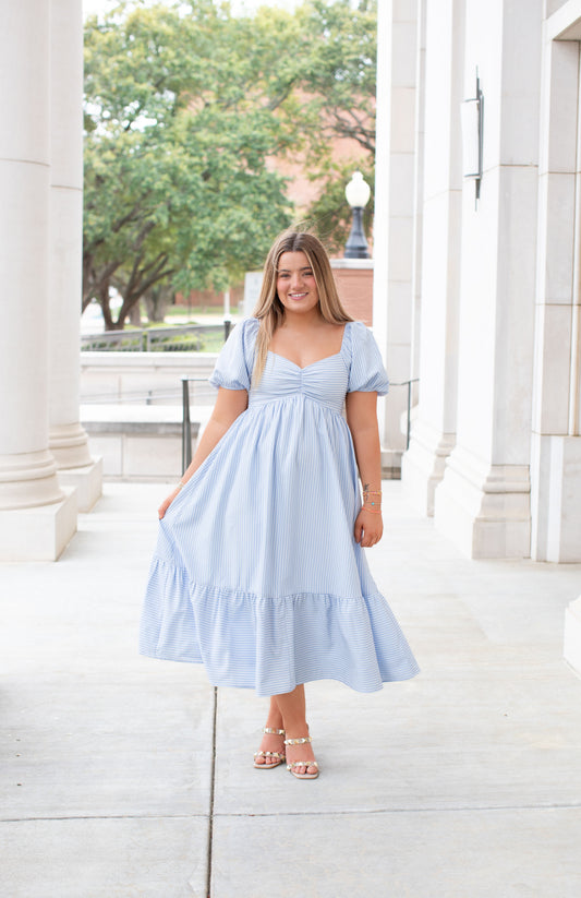 Sweetheart Neck Stripe Midi Dress With Smocked Back