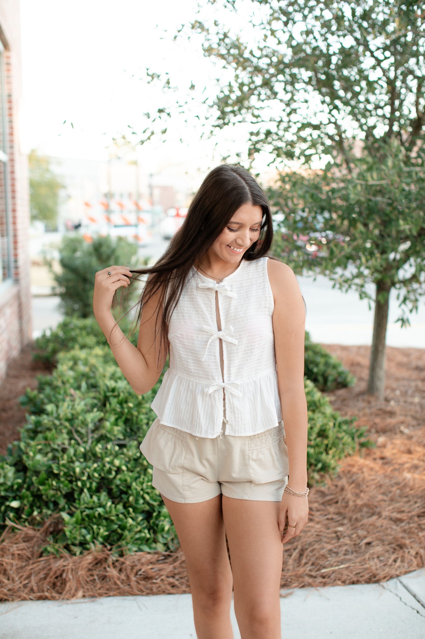 White Sleeveless Triple Bow Self Tie Top